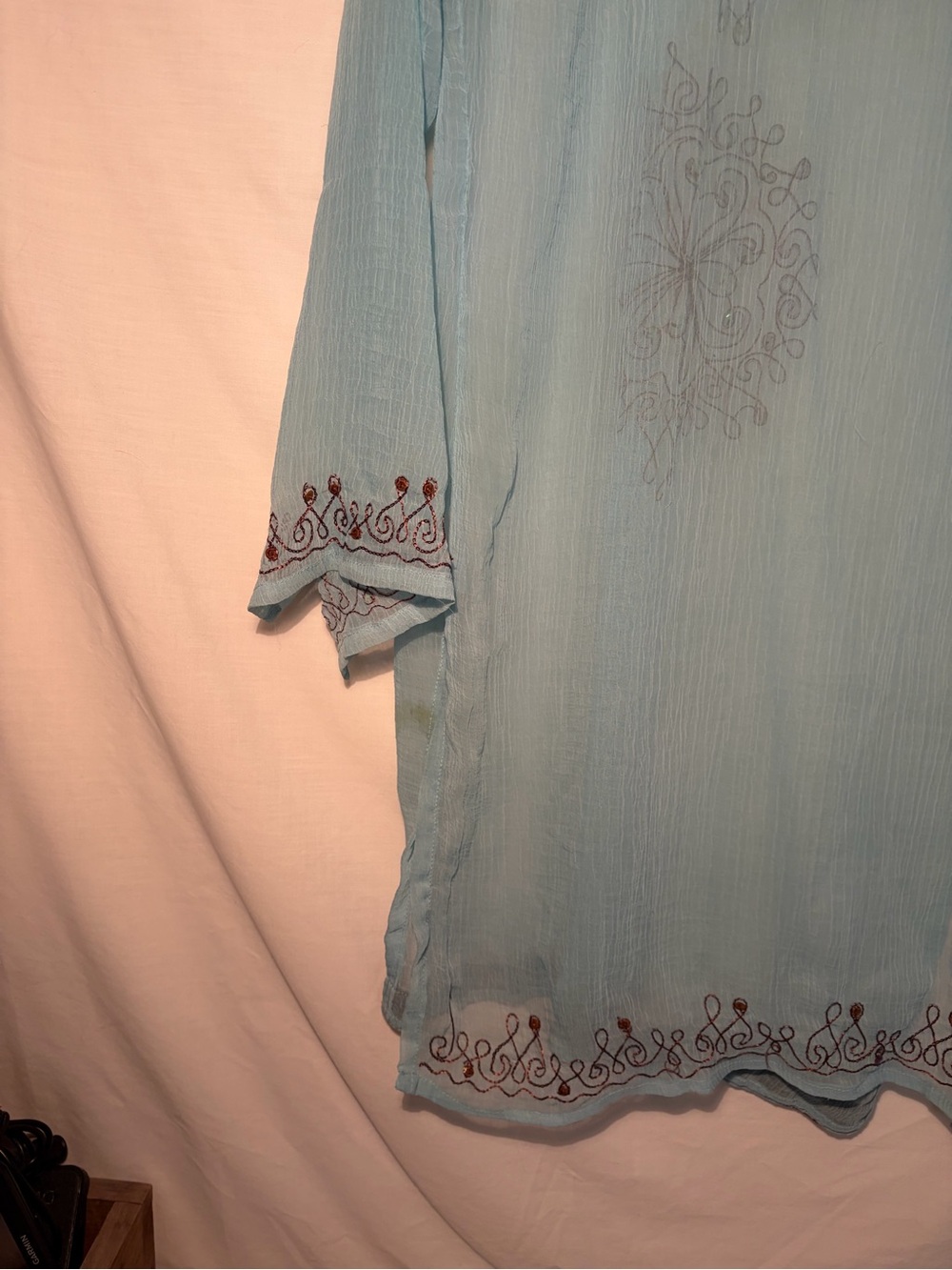 Alkii Light Blue Tunic w/Brown Embroidered V-Neck cover up size M - Picture 4 of 6